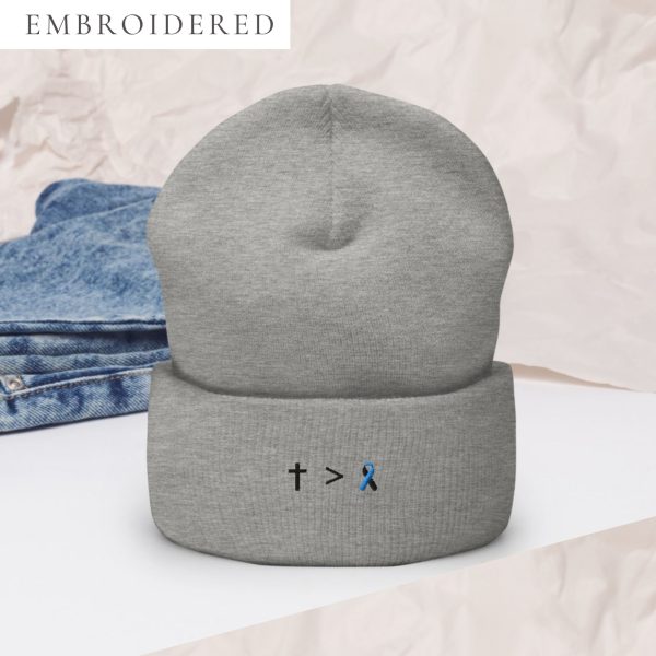 Jesus Is Greater Than Light Blue & Black Awareness Ribbon Embroidered Beanie
