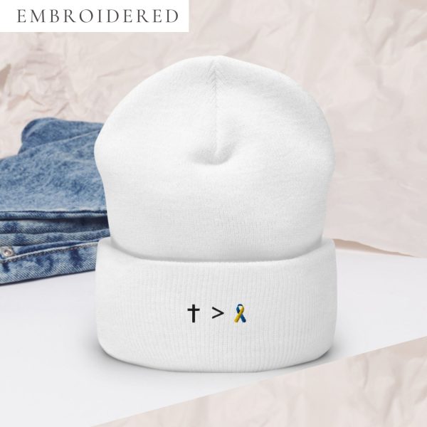 Jesus Is Greater Than Yellow & Blue Awareness Ribbon Embroidered Beanie