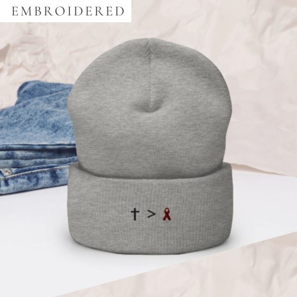 Jesus Is Greater Than Burgundy Awareness Ribbon Embroidered Beanie