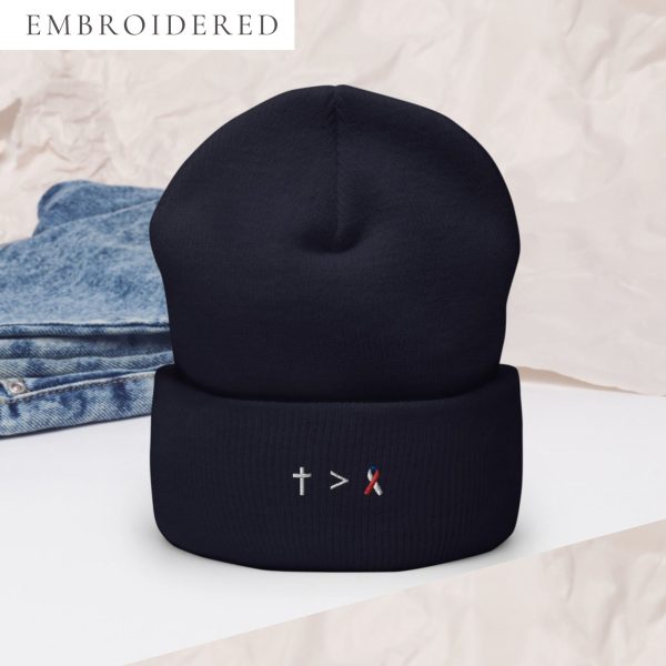 Jesus Is Greater Than White, Red and Blue Awareness Ribbon Embroidered Beanie