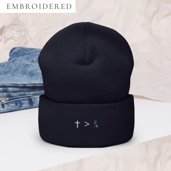 Jesus Is Greater Than Lime Green & Blue Awareness Ribbon Embroidered Beanie