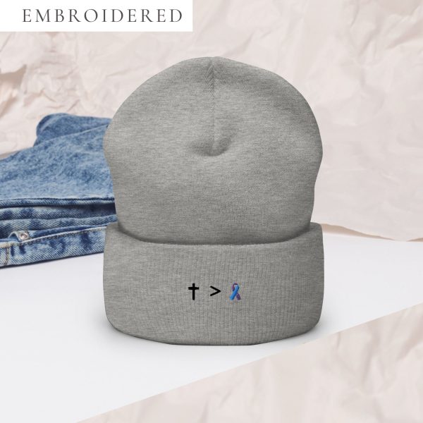 Jesus Is Greater Than Teal & Purple Awareness Ribbon Embroidered Beanie