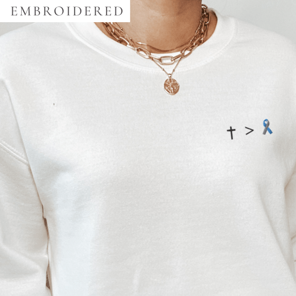 Jesus Is Greater Than Light Blue & Gray Awareness Ribbon Embroidered Crewneck