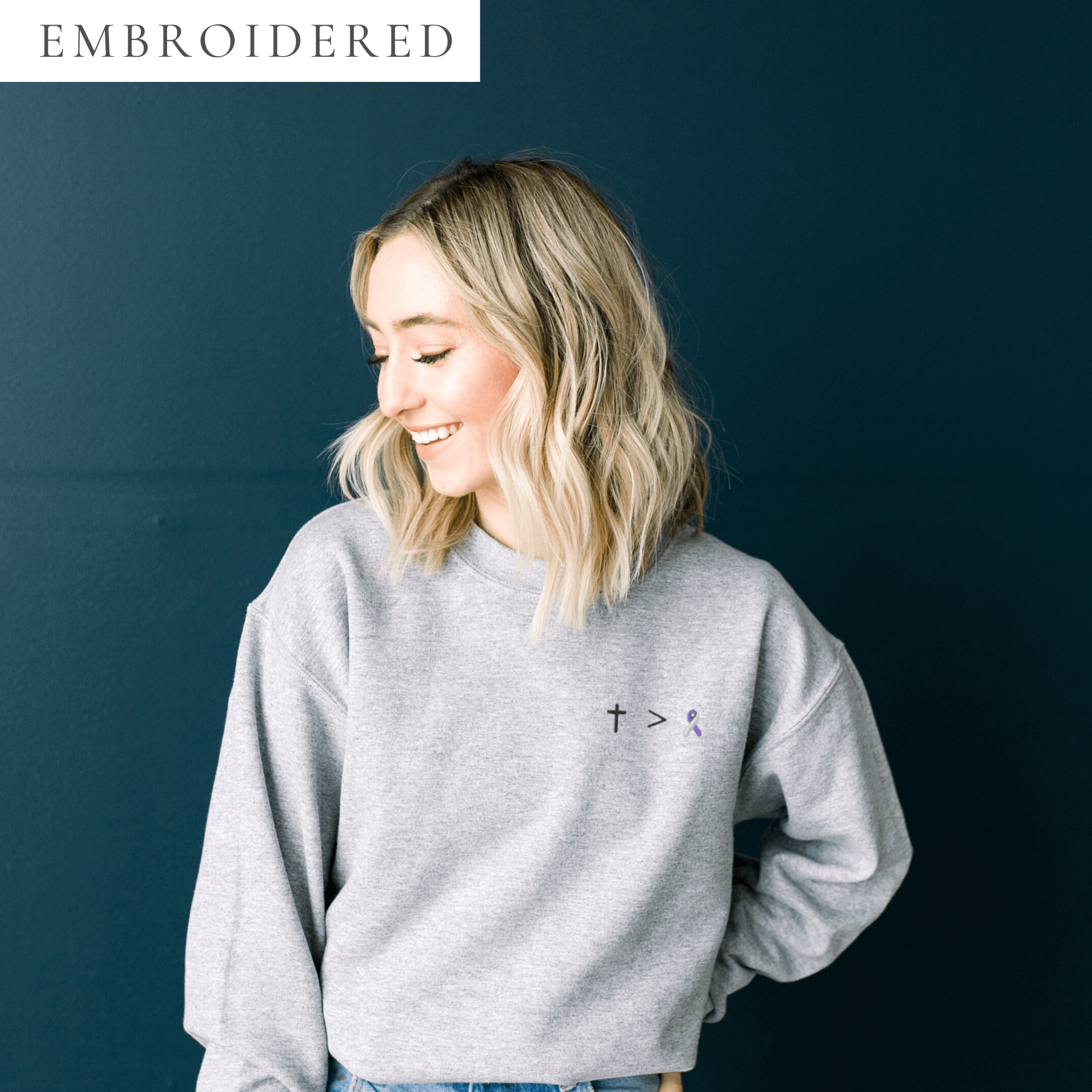 Jesus Is Greater Than Purple & White Awareness Ribbon Embroidered Crewneck - Image 2