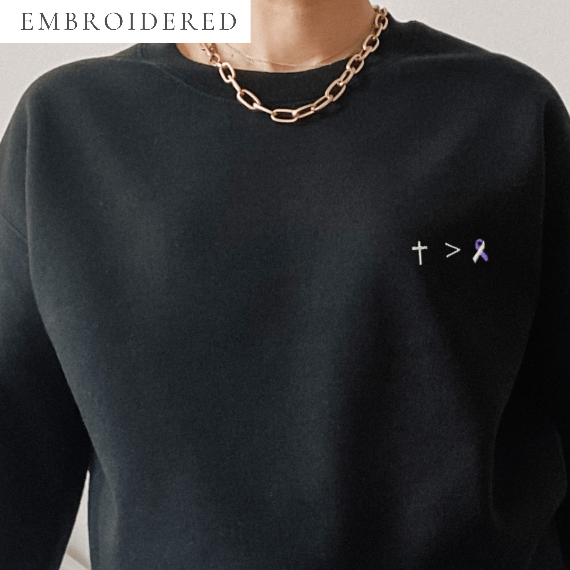 Jesus Is Greater Than Purple & White Awareness Ribbon Embroidered Crewneck