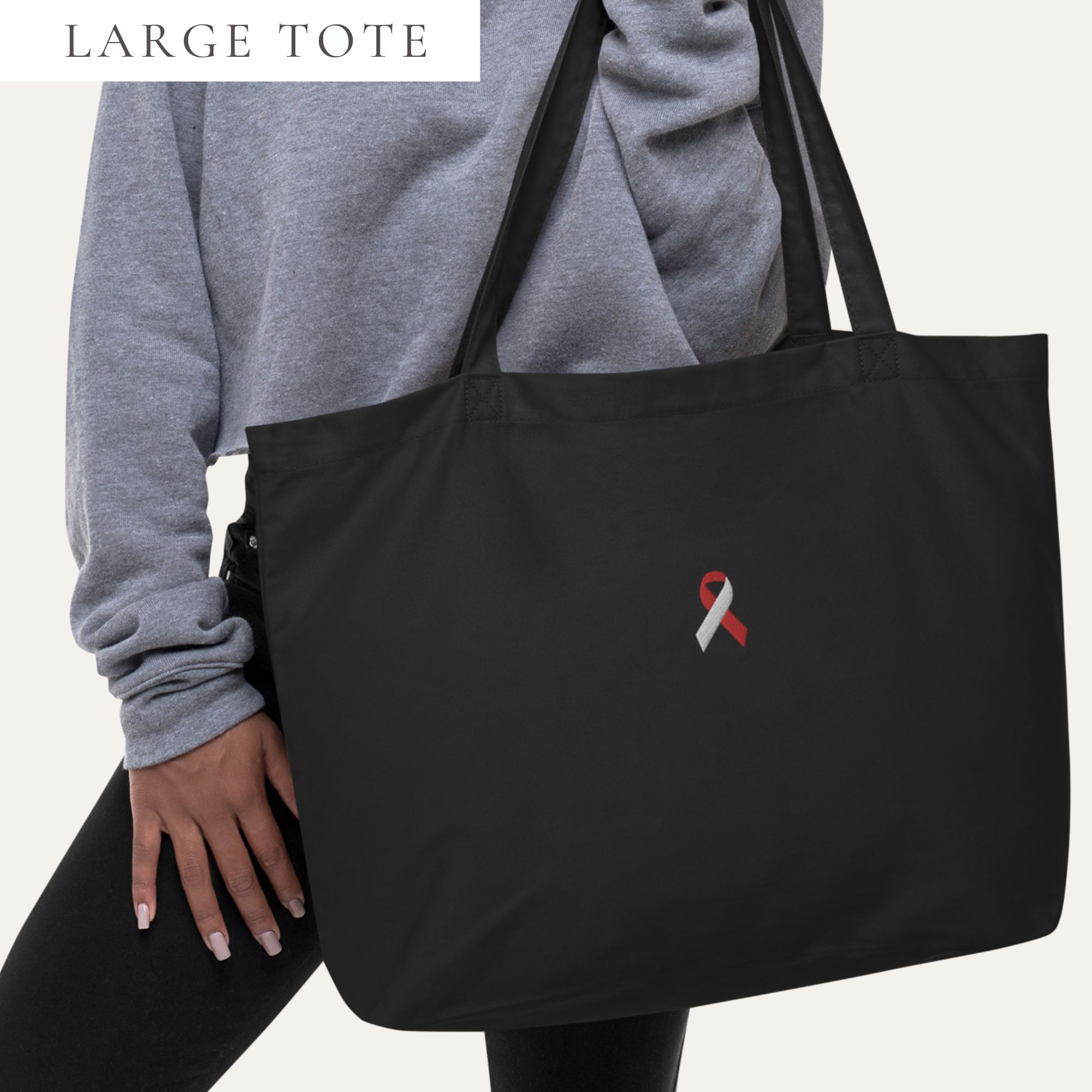 White & Red Awareness Ribbon Embroidered Large Tote Bag