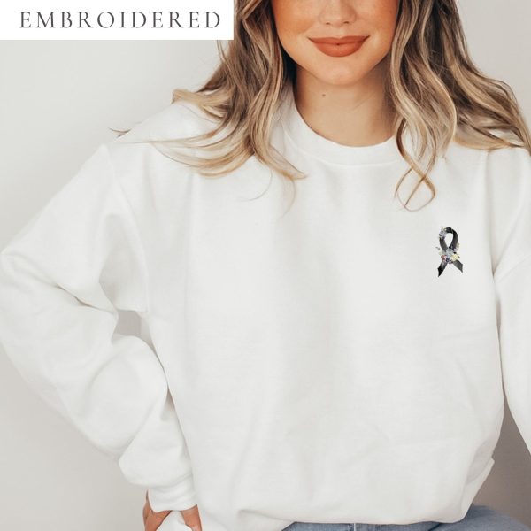 Pastel Floral Black Awareness Ribbon Embroidered Crewneck