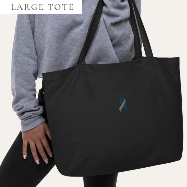 Lime Green & Blue Awareness Ribbon Embroidered Large Tote Bag