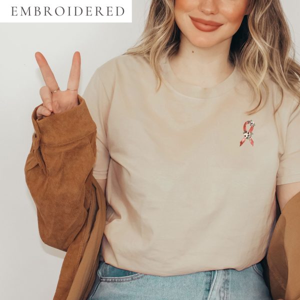 Pastel Floral Burgundy Awareness Ribbon Embroidered T-Shirt