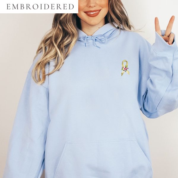 Pastel Floral Gold Awareness Ribbon Embroidered Hoodie