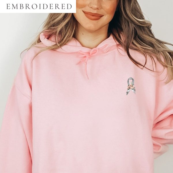 Pastel Floral Gray Awareness Ribbon Embroidered Hoodie