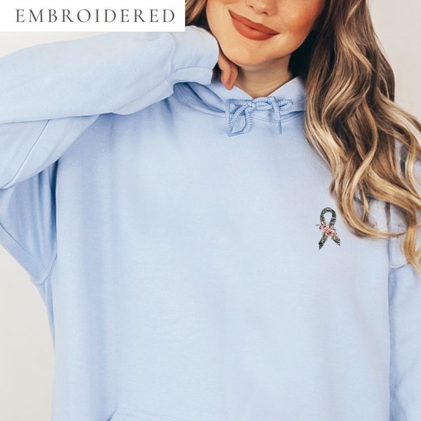 Pastel Floral Zebra Awareness Ribbon Embroidered Hoodie