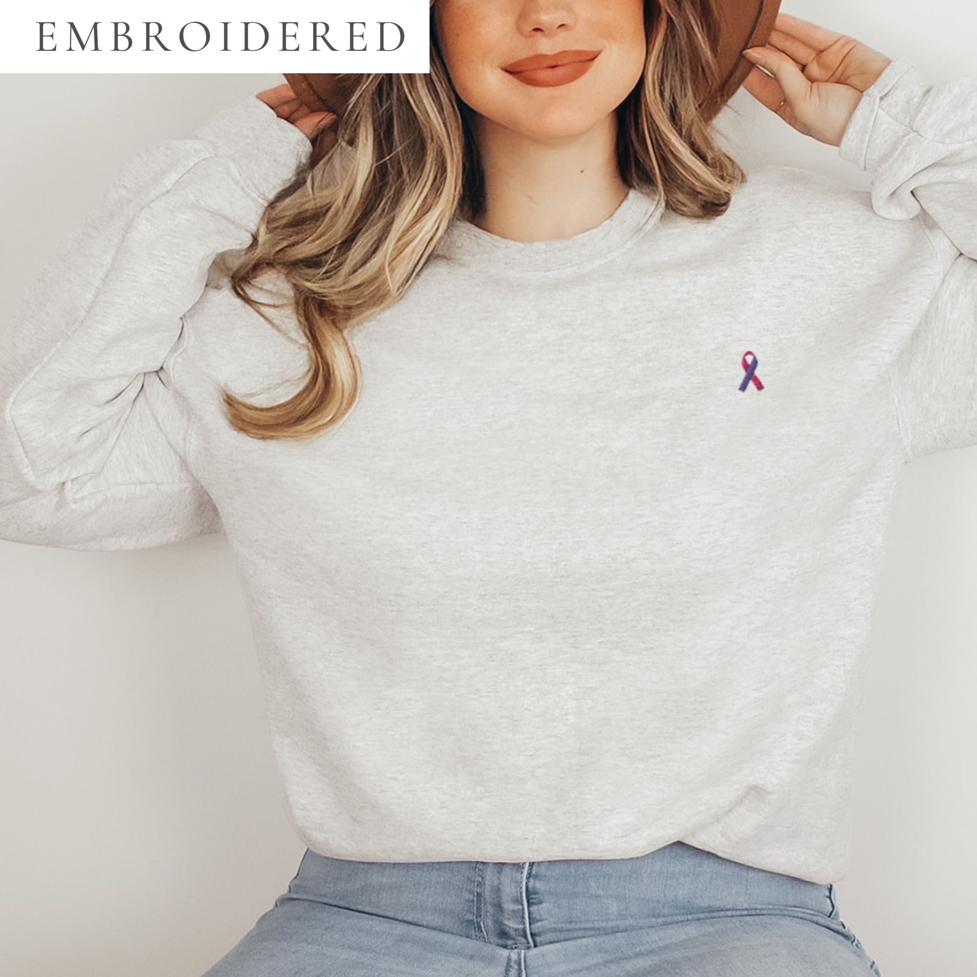 Purple & Pink Awareness Ribbon Embroidered Crewneck