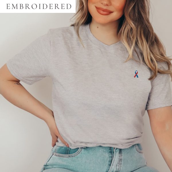 Red & Blue Awareness Ribbon Embroidered T-Shirt