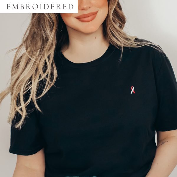 White & Red Awareness Ribbon Embroidered T-Shirt
