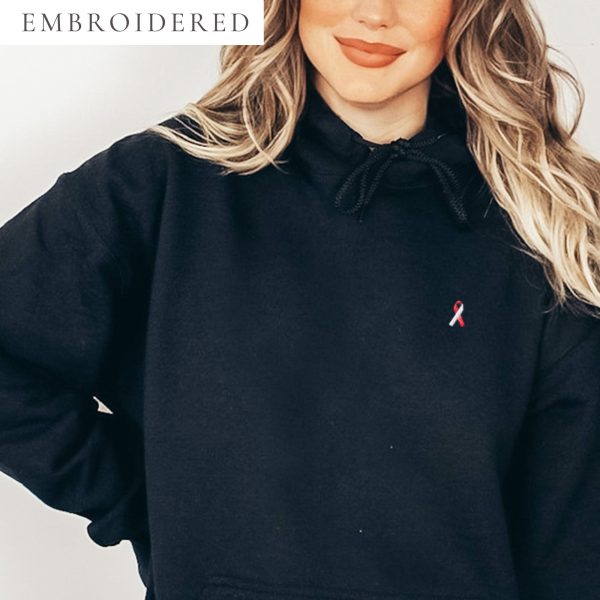 White & Red Awareness Ribbon Embroidered Hoodie