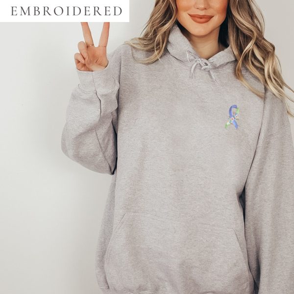 Pastel Floral Lime Green & Blue Awareness Ribbon Embroidered Hoodie