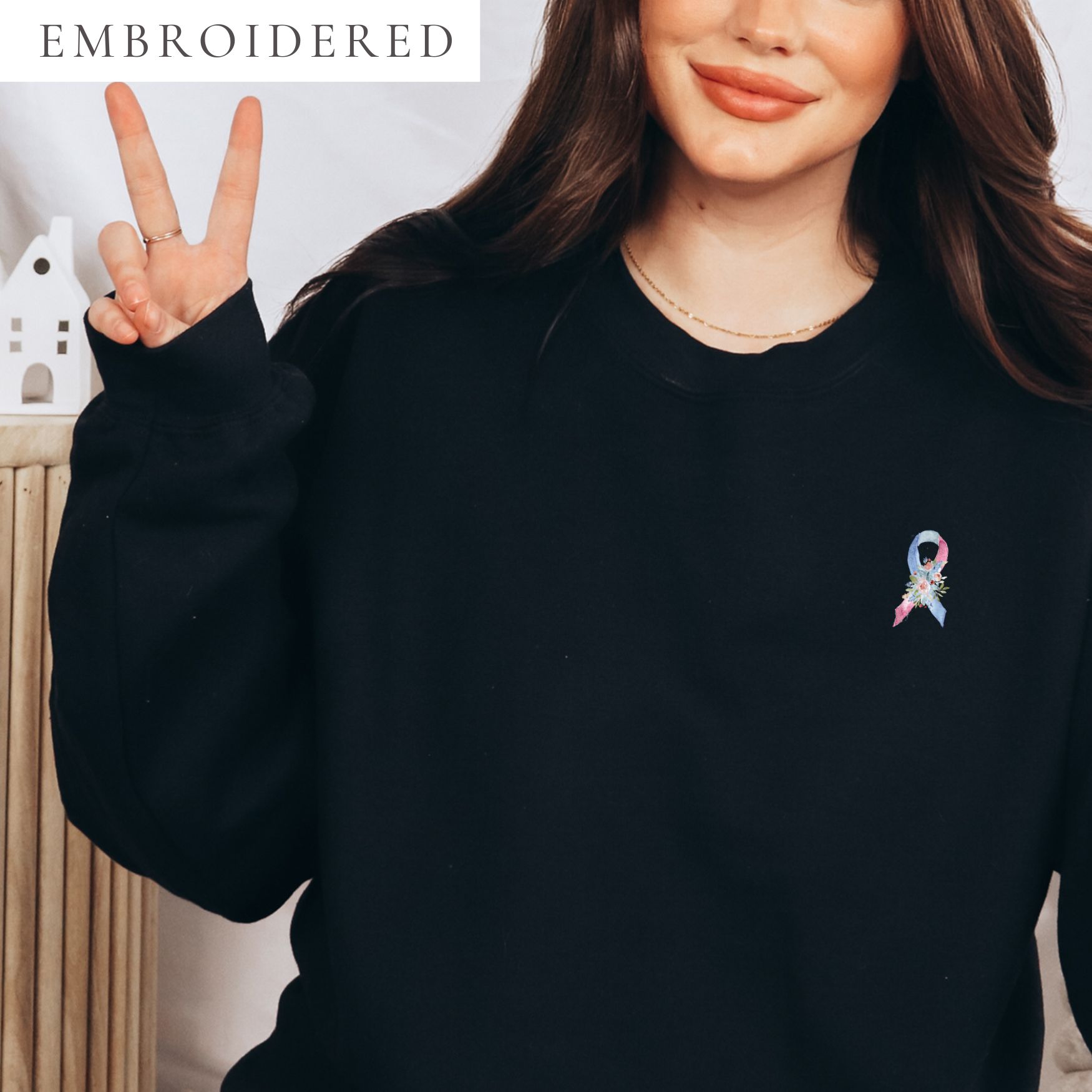 Pastel Floral Blue, Light Blue & Pink Awareness Ribbon Embroidered Crewneck