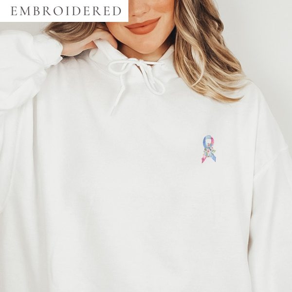 Pastel Floral Blue, Light Blue & Pink Awareness Ribbon Embroidered Hoodie