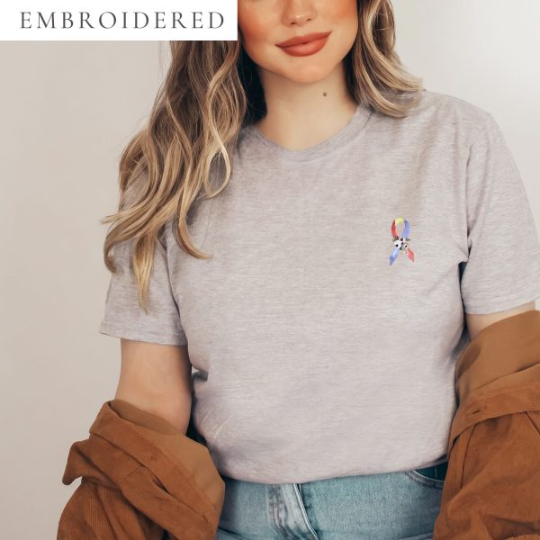 Pastel Floral Blue, Yellow & Red Awareness Ribbon Embroidered T-Shirt