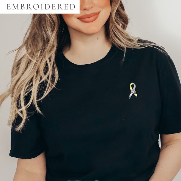 Pastel Floral Gold & Silver Awareness Ribbon Embroidered T-Shirt