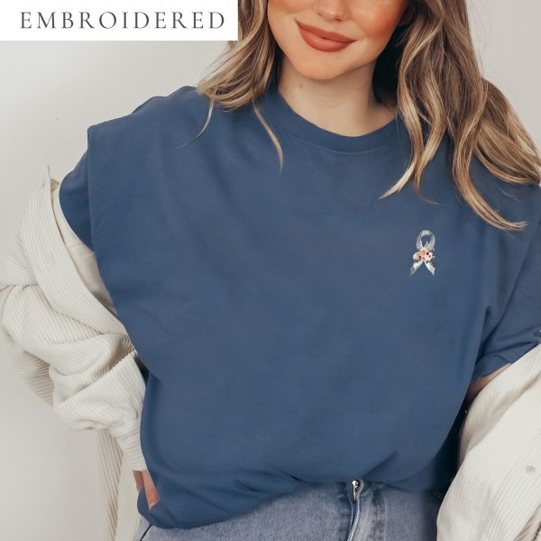 Pastel Floral Gray Awareness Ribbon Embroidered T-Shirt