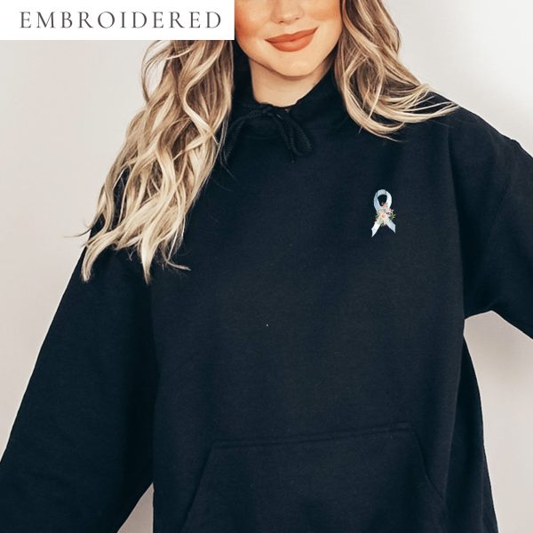 Pastel Floral Light Blue & Gray Awareness Ribbon Embroidered Hoodie