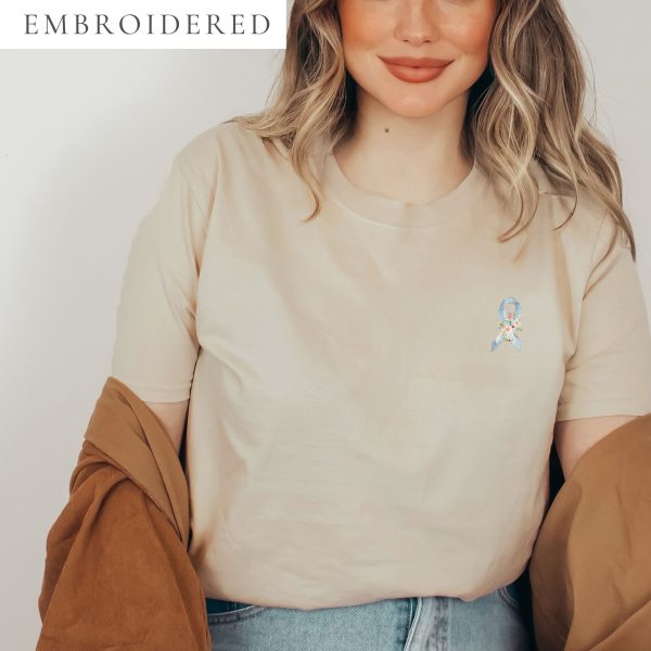 Pastel Floral Light Blue Awareness Ribbon Embroidered T-Shirt