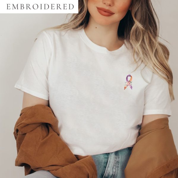 Pastel Floral Orange & Purple Awareness Ribbon Embroidered T-Shirt