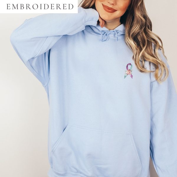 Pastel Floral Teal & Purple Awareness Ribbon Embroidered Hoodie