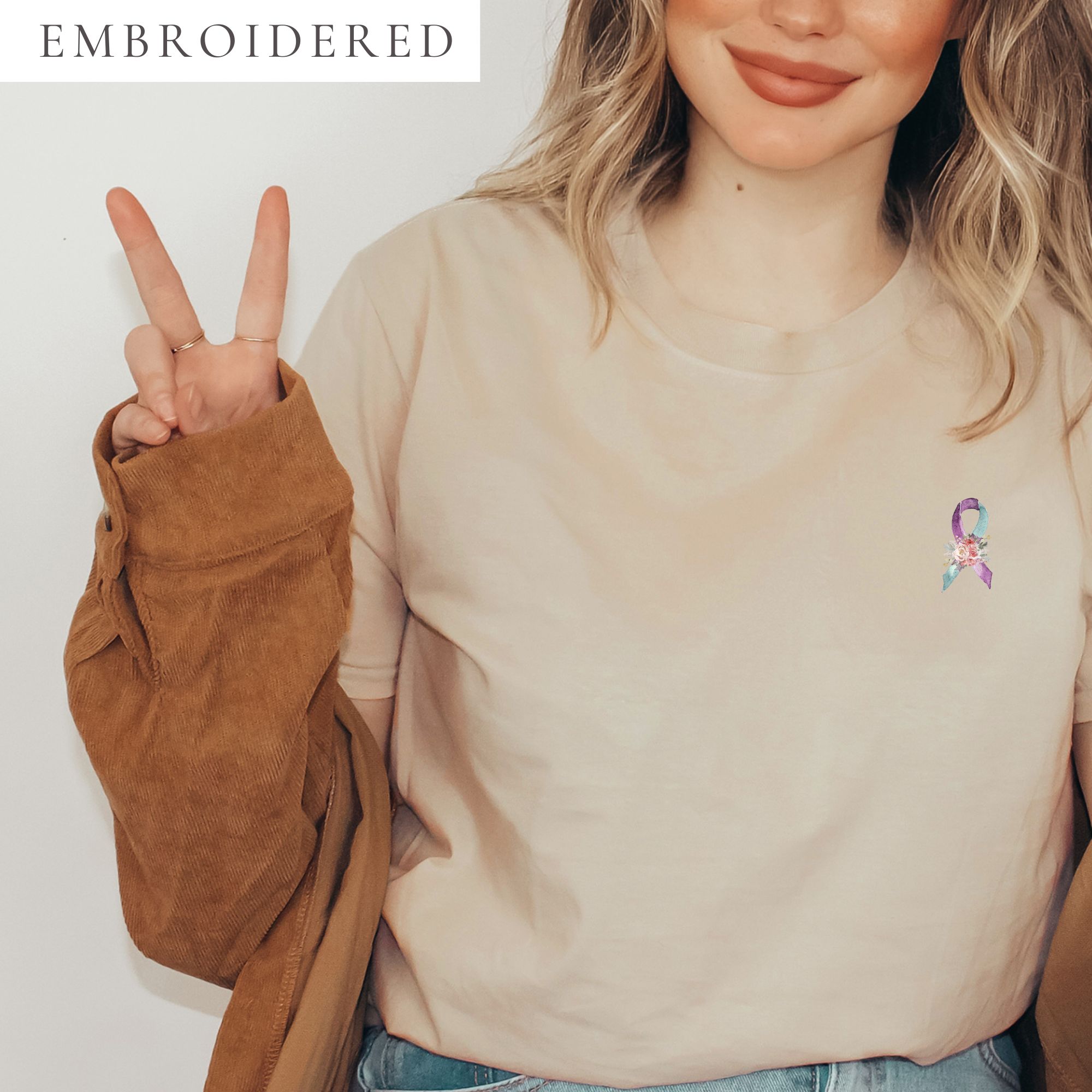 Pastel Floral Teal & Purple Awareness Ribbon Embroidered T-Shirt