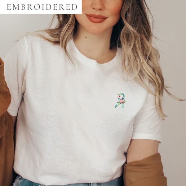 Pastel Floral Teal Awareness Ribbon Embroidered T-Shirt