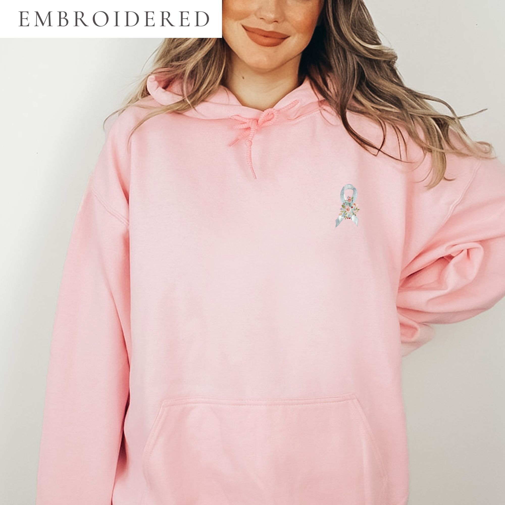 Pastel Floral White Awareness Ribbon Embroidered Hoodie