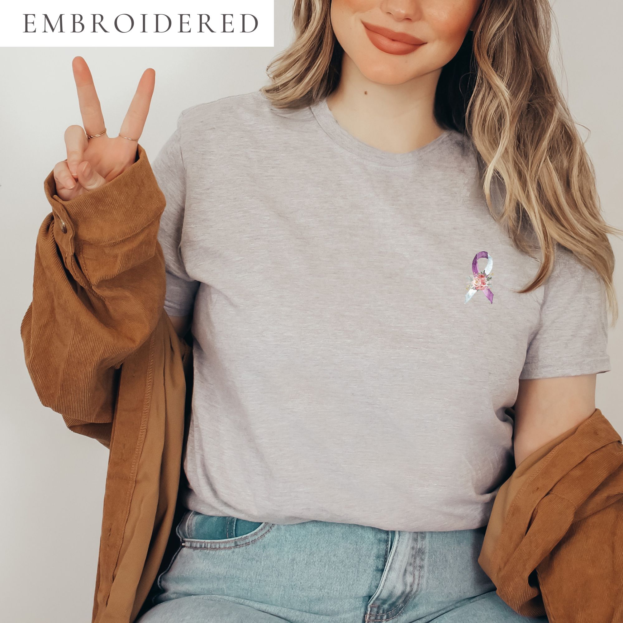 Pastel Floral Purple & White Awareness Ribbon Embroidered T-Shirt