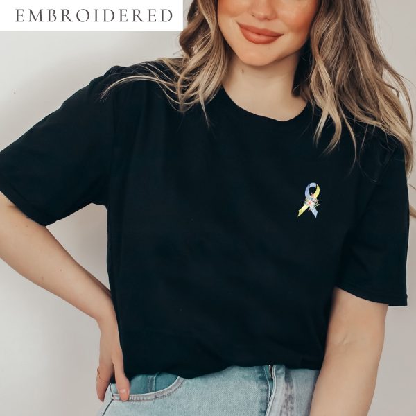 Pastel Floral Yellow & Blue Awareness Ribbon Embroidered T-Shirt
