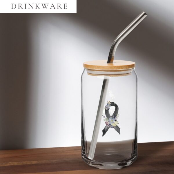Pastel Floral Black Awareness Ribbon Glass Can W/ Lid