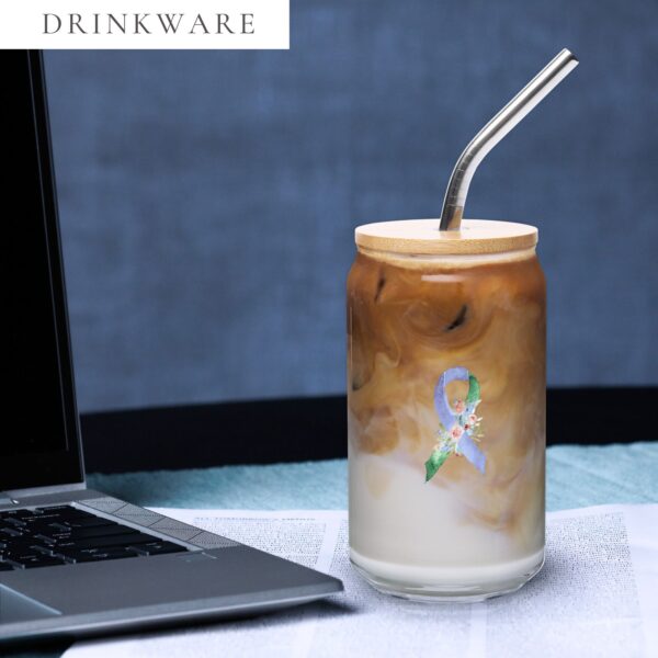 Pastel Floral Blue & Green Awareness Ribbon Glass Can W/ Lid