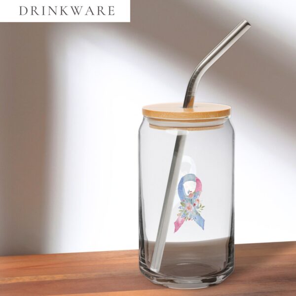 Pastel Floral Blue, Light Blue & Pink Awareness Ribbon Glass Can W/ Lid