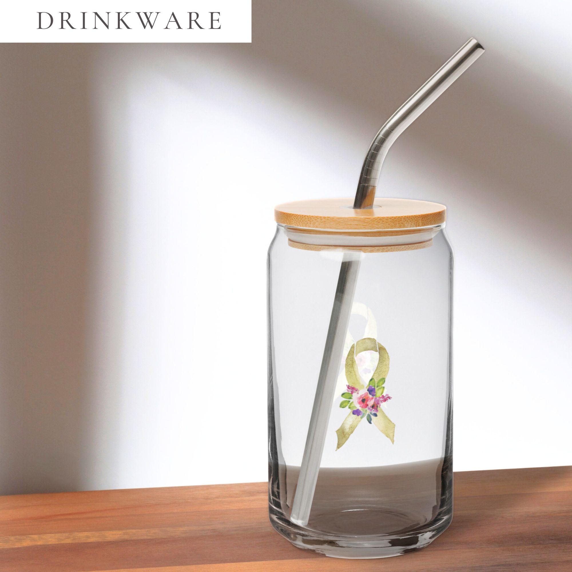 Pastel Floral Gold Awareness Ribbon Glass Can W/ Lid