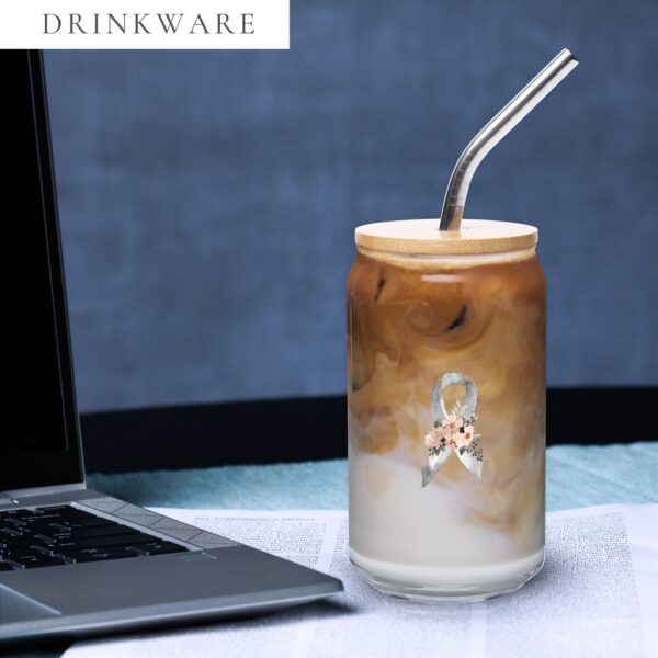 Pastel Floral Gray Awareness Ribbon Glass Can W/ Lid