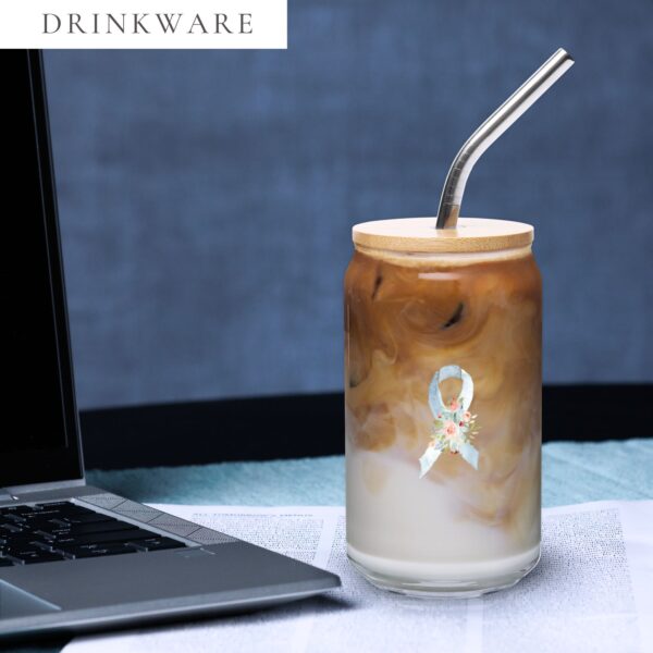 Pastel Floral Light Blue Awareness Ribbon Glass Can W/ Lid