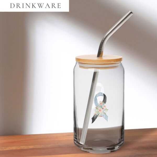 Pastel Floral Light Blue & Black Awareness Ribbon Glass Can W/ Lid