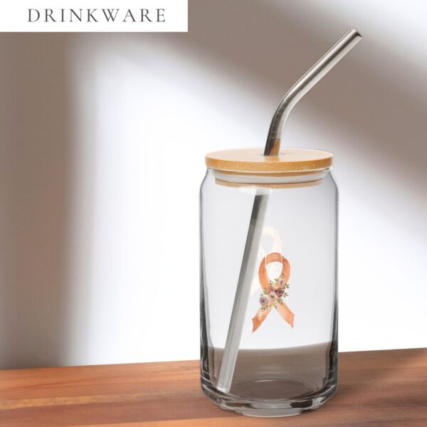 Pastel Floral Orange Awareness Ribbon Glass Can W/ Lid