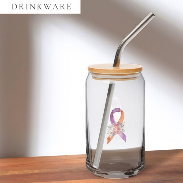 Pastel Floral Orange & Purple Awareness Ribbon Glass Can W/ Lid