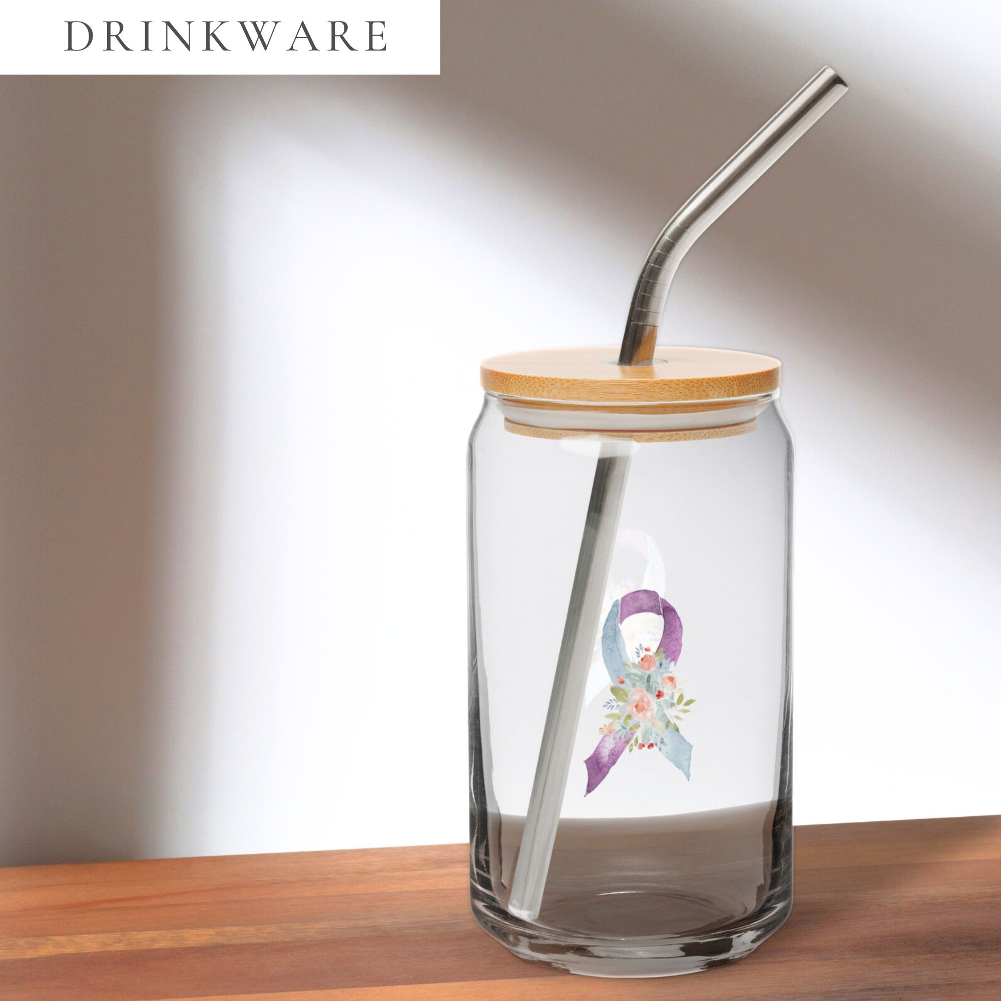 Pastel Floral Purple & Light Blue Awareness Ribbon Glass Can W/ Lid