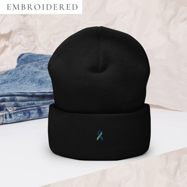 Lime Green & Blue Awareness Ribbon Embroidered Beanie