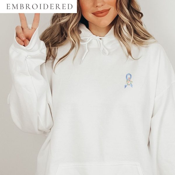Pastel Floral Blue Awareness Ribbon Embroidered Hoodie