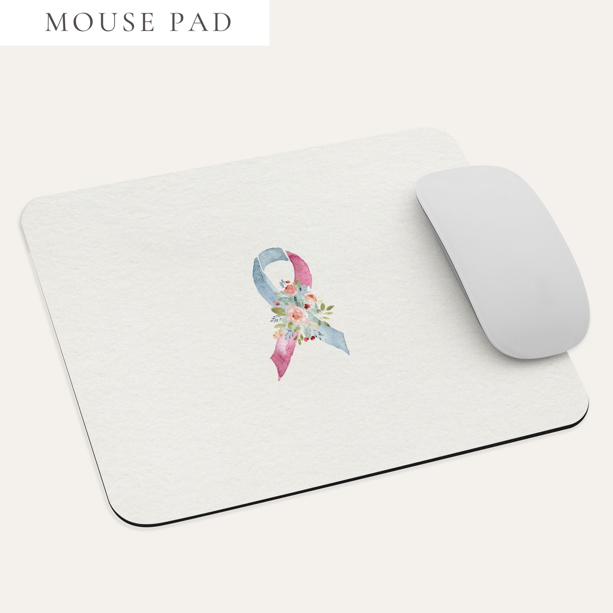 Pastel Floral Pink & Light Blue Awareness Ribbon Mouse Pad In Beige
