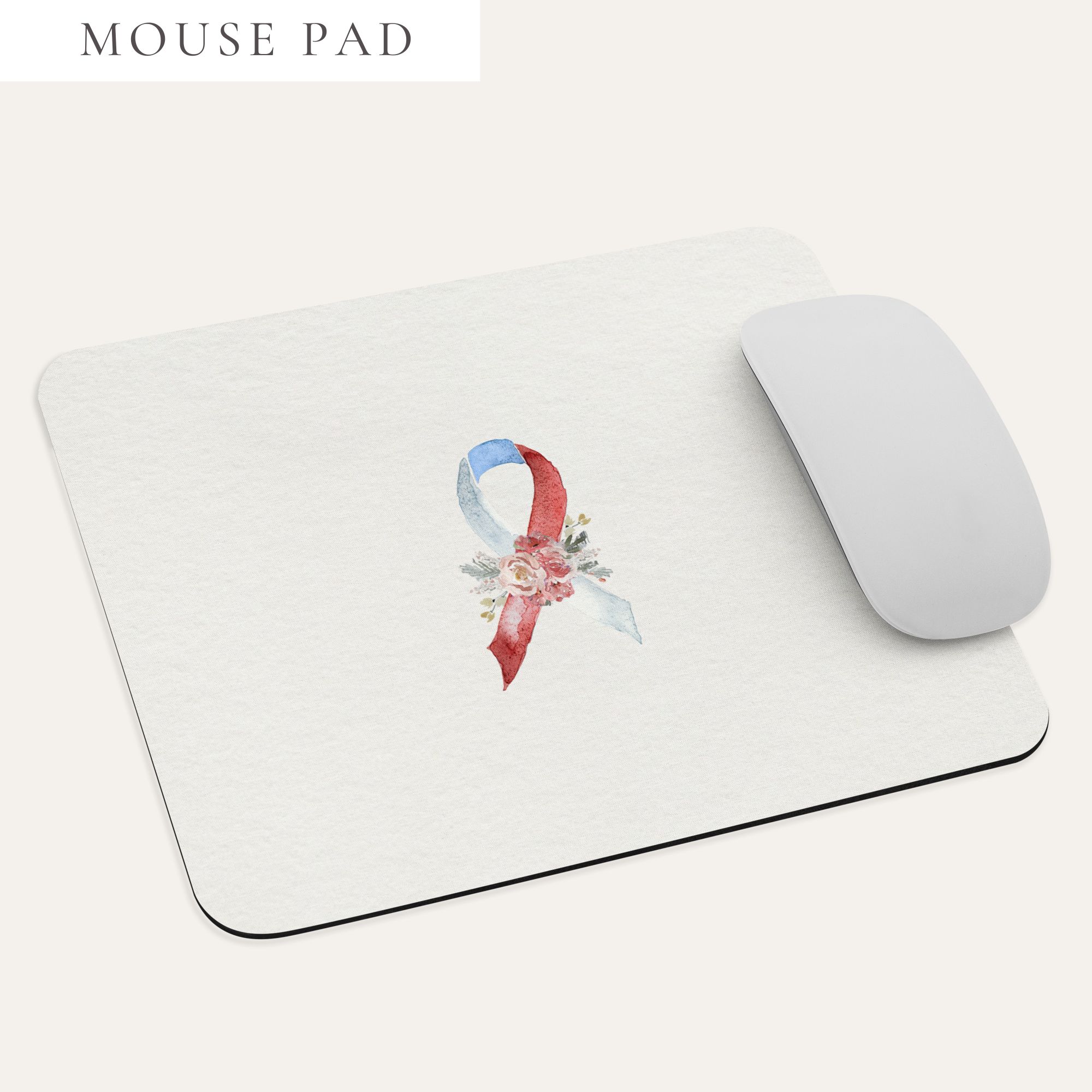 Pastel Floral White, Red & Blue Awareness Ribbon Mouse Pad In Beige