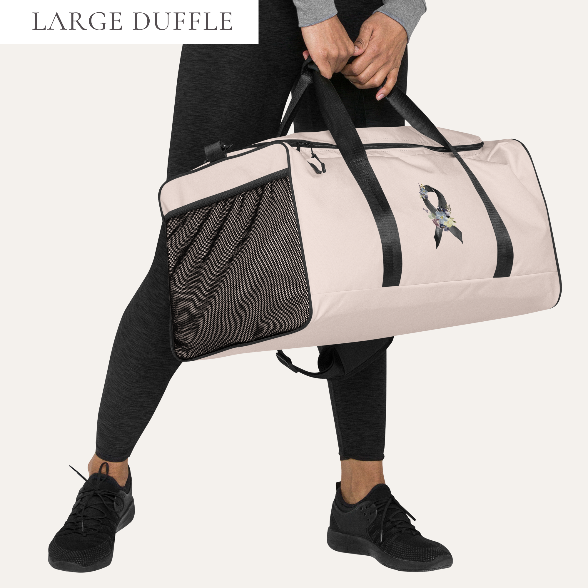 Pastel Floral Black Awareness Ribbon Large Duffle Bag